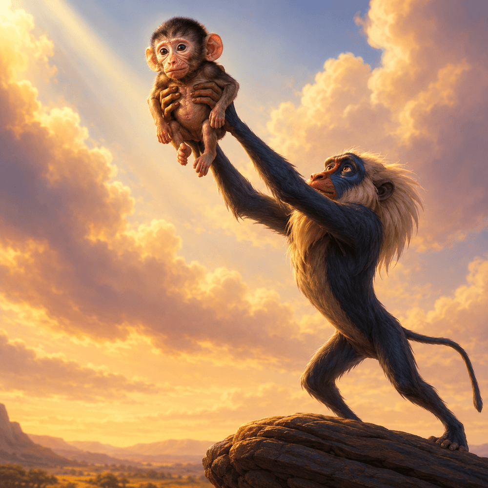 Illustrated newborn baboon raised above a golden landscape
